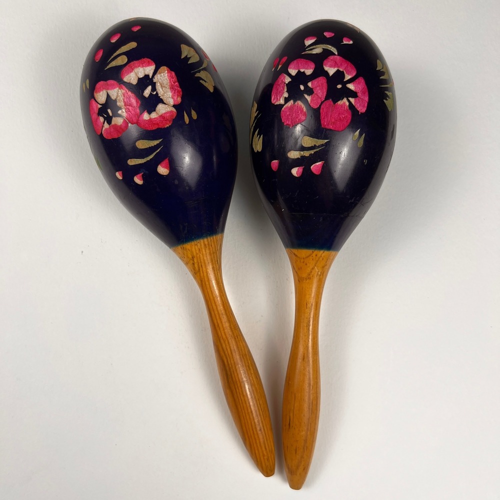 VTG Maracas Pair Hand Painted Floral Wood Folk Art Island Tropical Latin Dance